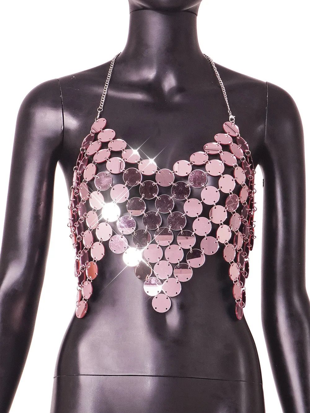 Summer Acrylic Sequin Round Piece Handmade Splicing Hanging Neck Top, Spicy Girl Backless Short Nightclub Party Vest