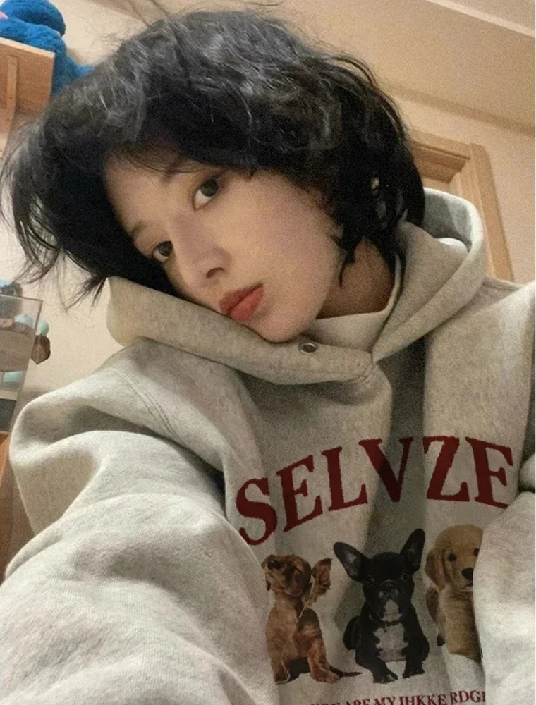 

Women High Quality Casual Hoodies Harajuku Y2k Dog Pattern Ladies Luuxry Hooded Sweatshirt Female Vintage Trendy Pullovers Clot