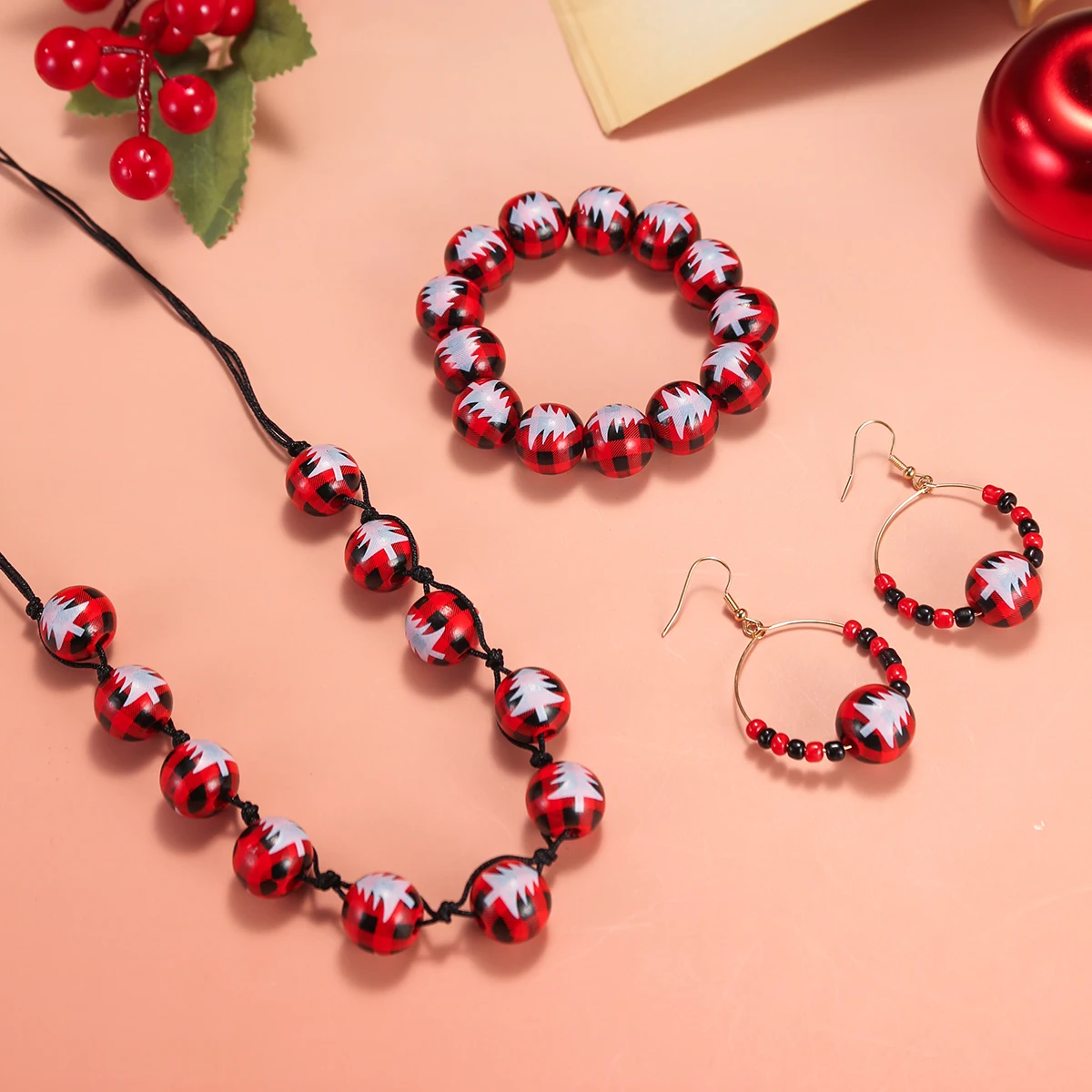 

4Pcs/Set Creative Trendy Christmas Tree Print Wooden Beaded Necklace Bracelet Earring Set For Women Niche Christmas Party Gifts