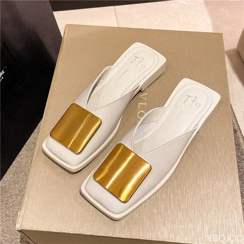 

Women's Slippers Square Toe Design Women Mules Slippers Fashion Metal Buckle Baotou Half Slippers for Women Casual Flat Slipper
