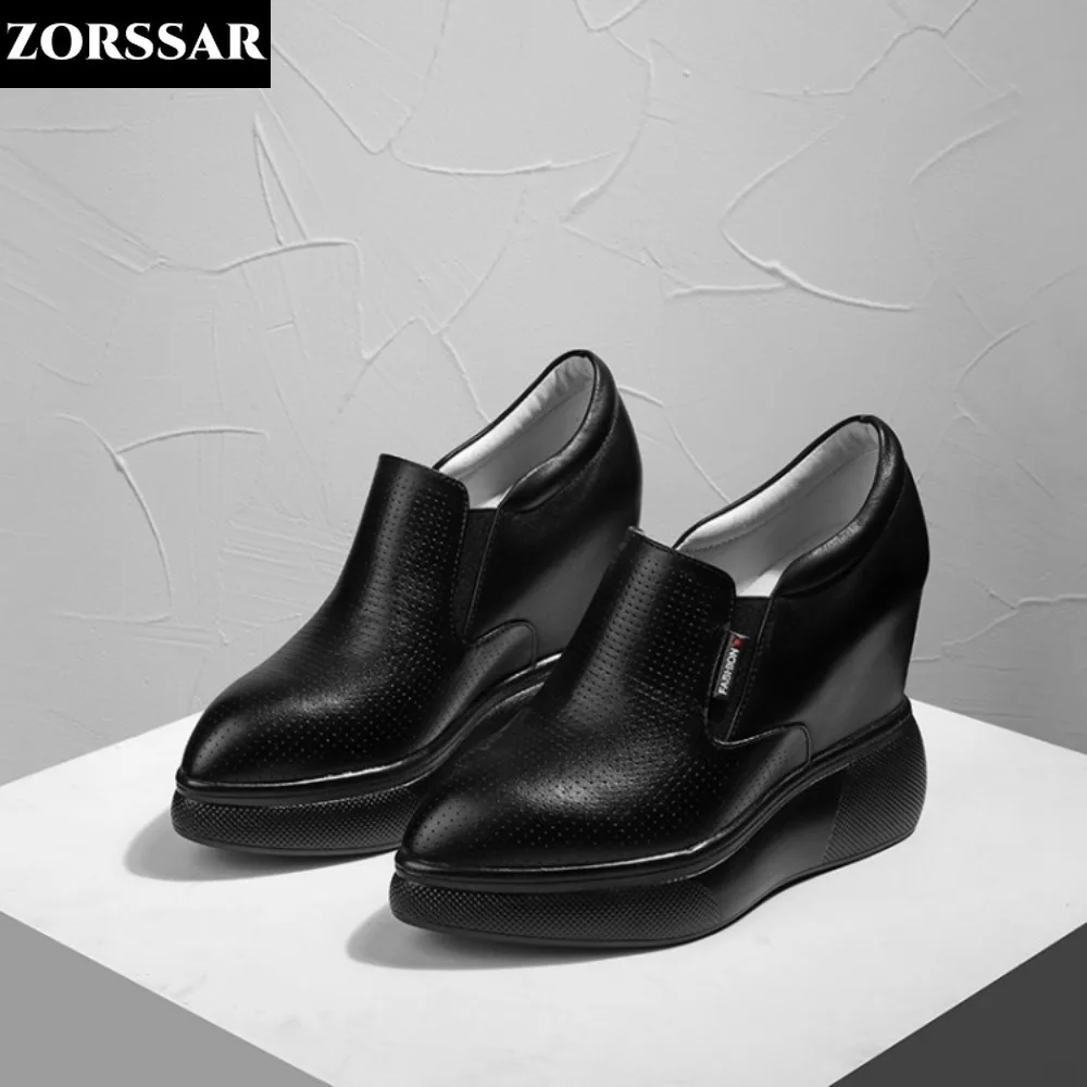 Scarpe casual con plateau con tacco nascosto Scarpe da ginnastica da donna Scarpe slip-on in vera pelle Scarpe da donna con zeppa vulcanizzata che