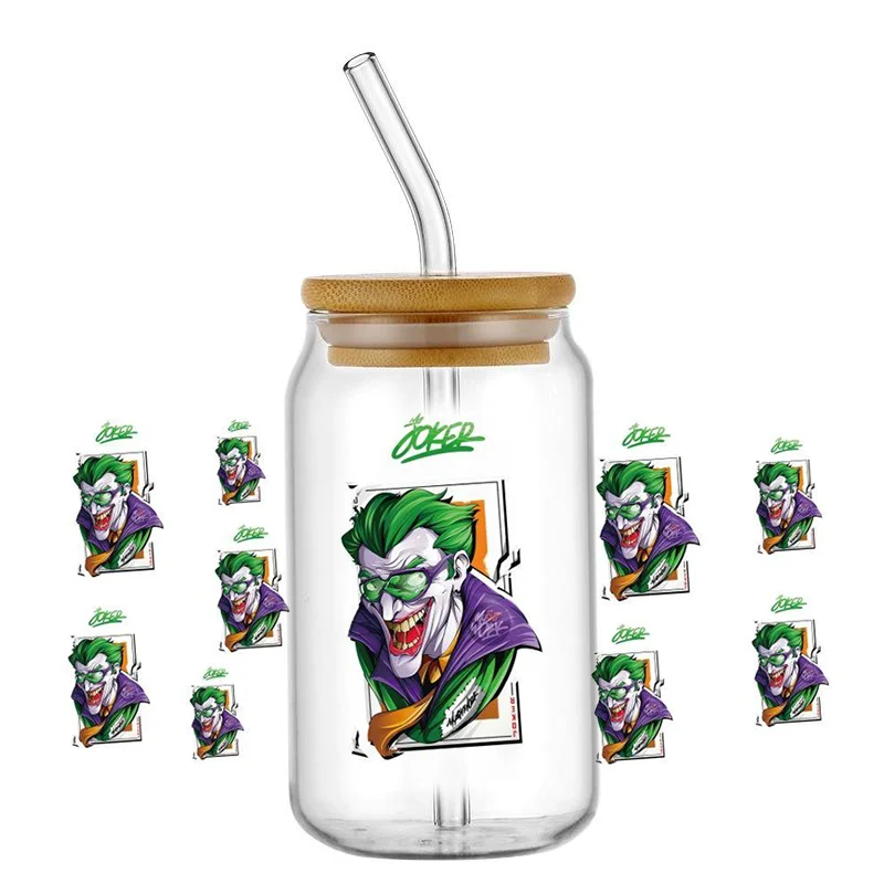 Joker Movie Cartoon UV DTF Transfer Sticker Clown For The 16oz Libbey Glasses Wraps Bottles Cup Sticker DIY Waterproof