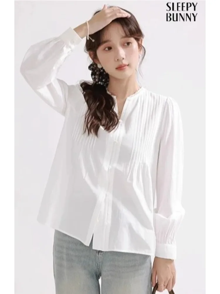 Blusa elegante con mangas abullonadas para mujer, camisa Vintage francesa con cuello en V, Top elegante de manga larga para otoño, ropa informal diaria o de oficina