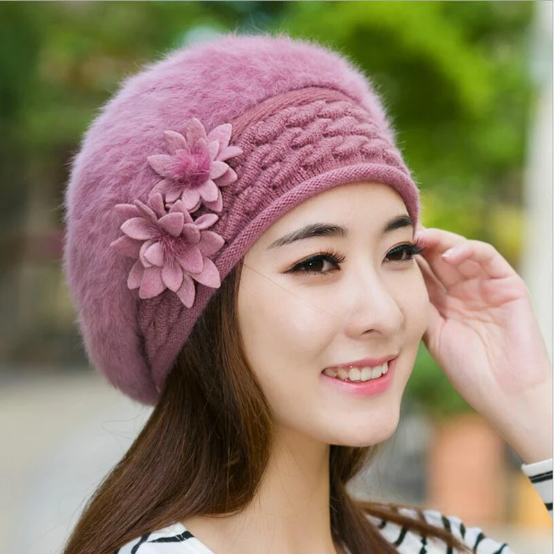 Women\'s Winter Hats rabbit knitting wool skullies female warn hat cap wholesale Fur Beanies Hats Adults Casual Female Skullies