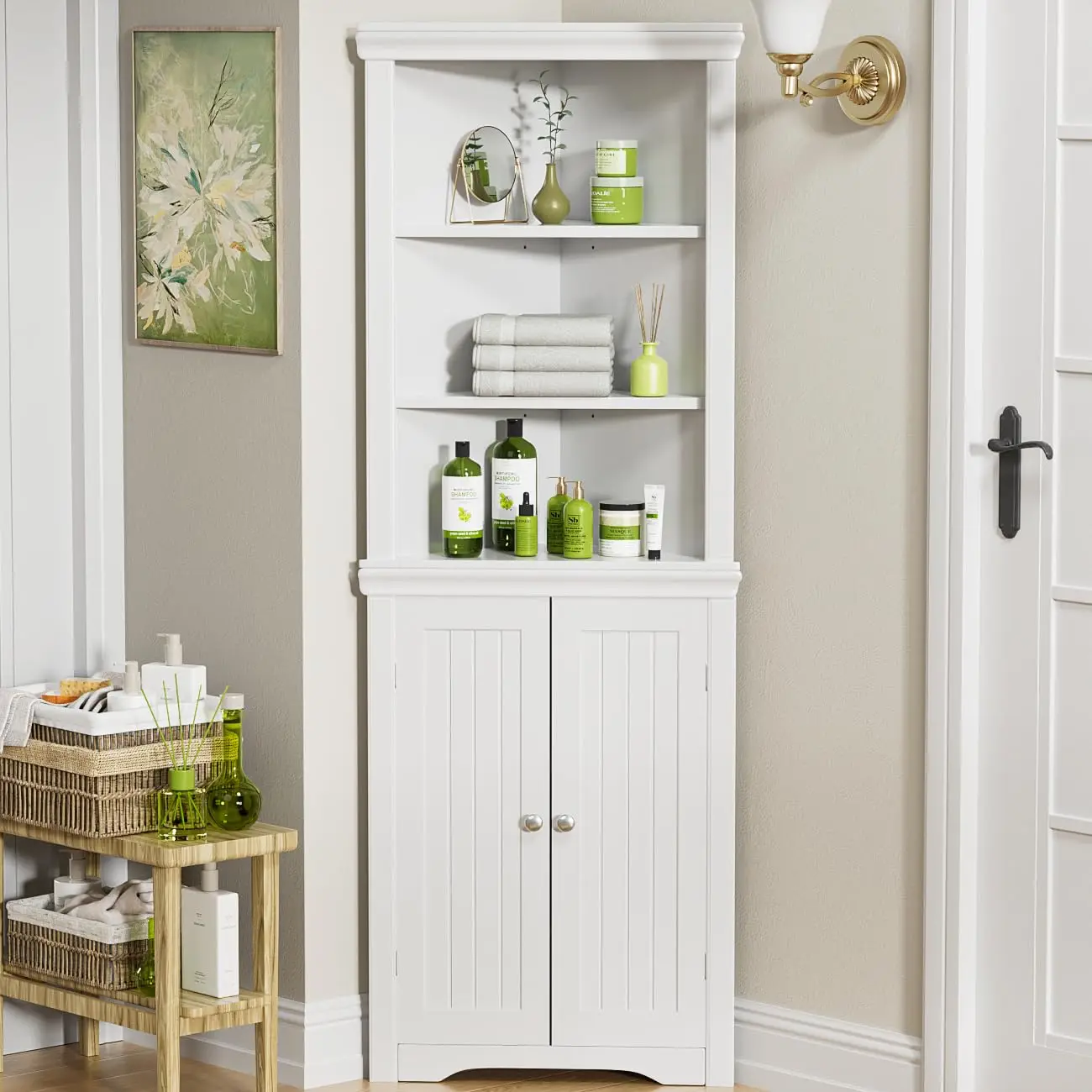 Corner Storage Cabinet with Adjustable Shelves, Tall Cupboard with Doors for Living Room Bathroom Kitchen, Customized