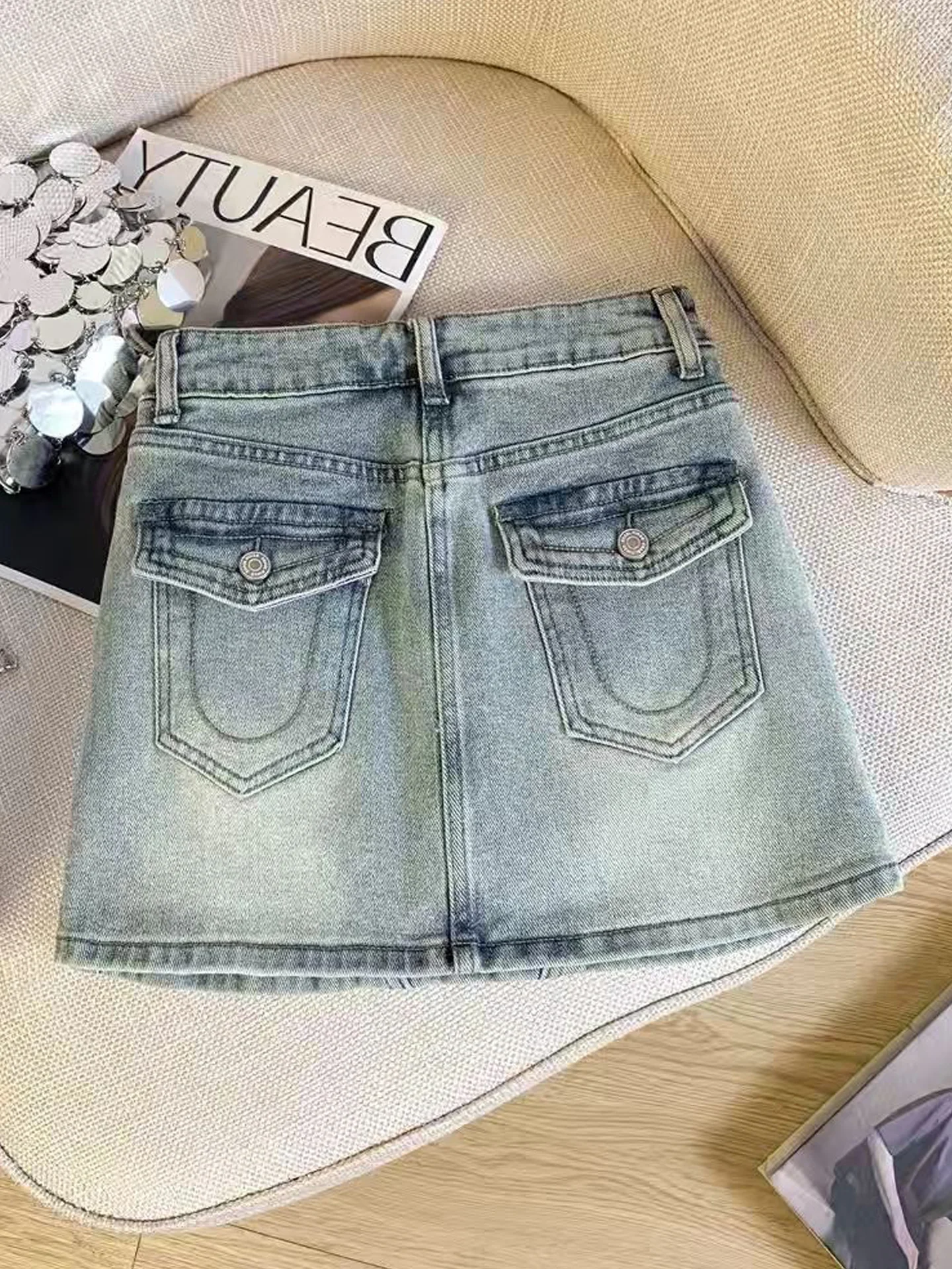 

High Waist Denim Skirt Women's Design Slimming A-Line Bodycon Skirt Anti-Light European Sle Casual Embellied