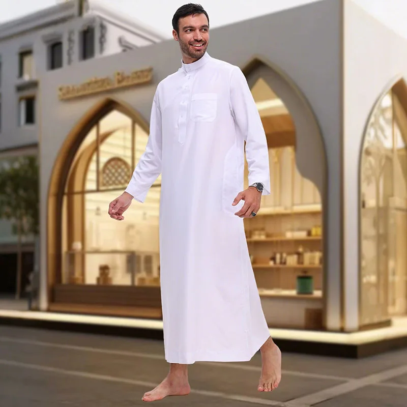 ملابس رجالية إسلامية بيضاء طويلة الأكمام فضفاضة مسلم رداء طويل رجل عباية قفطان عربي زر الوقوف طوق ثوب جوبا