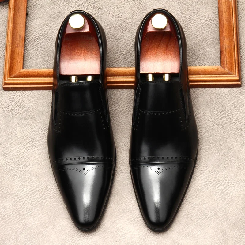Luxury Mens Derby Dress Shoes Brand Genuine Leather New Designer Handmade Slip on Pointed Toe Man Wedding Business Loafers Shoes