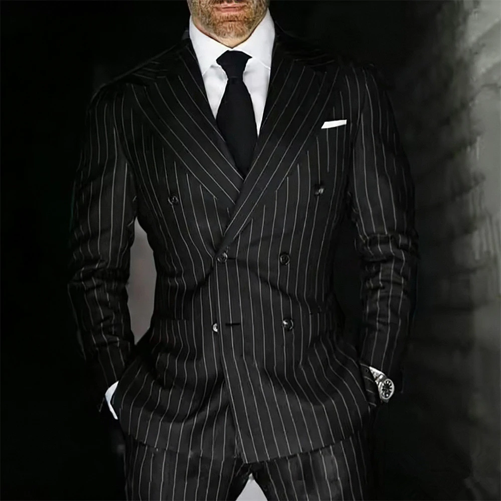 

Винтажные мужские костюмы в черную полоску, двубортная мужская одежда с пиковыми лацканами, выпускной вечер, свадьба (пиджак + брюки), индивидуальный заказ