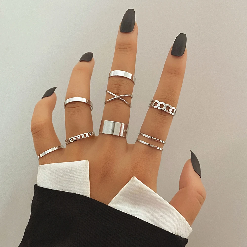 Bohemian Cross Wide Rings Set For Women Girls Simple Chain Finger Tail Rings 2022 New Bijoux Jewelry Gifts Ring Female