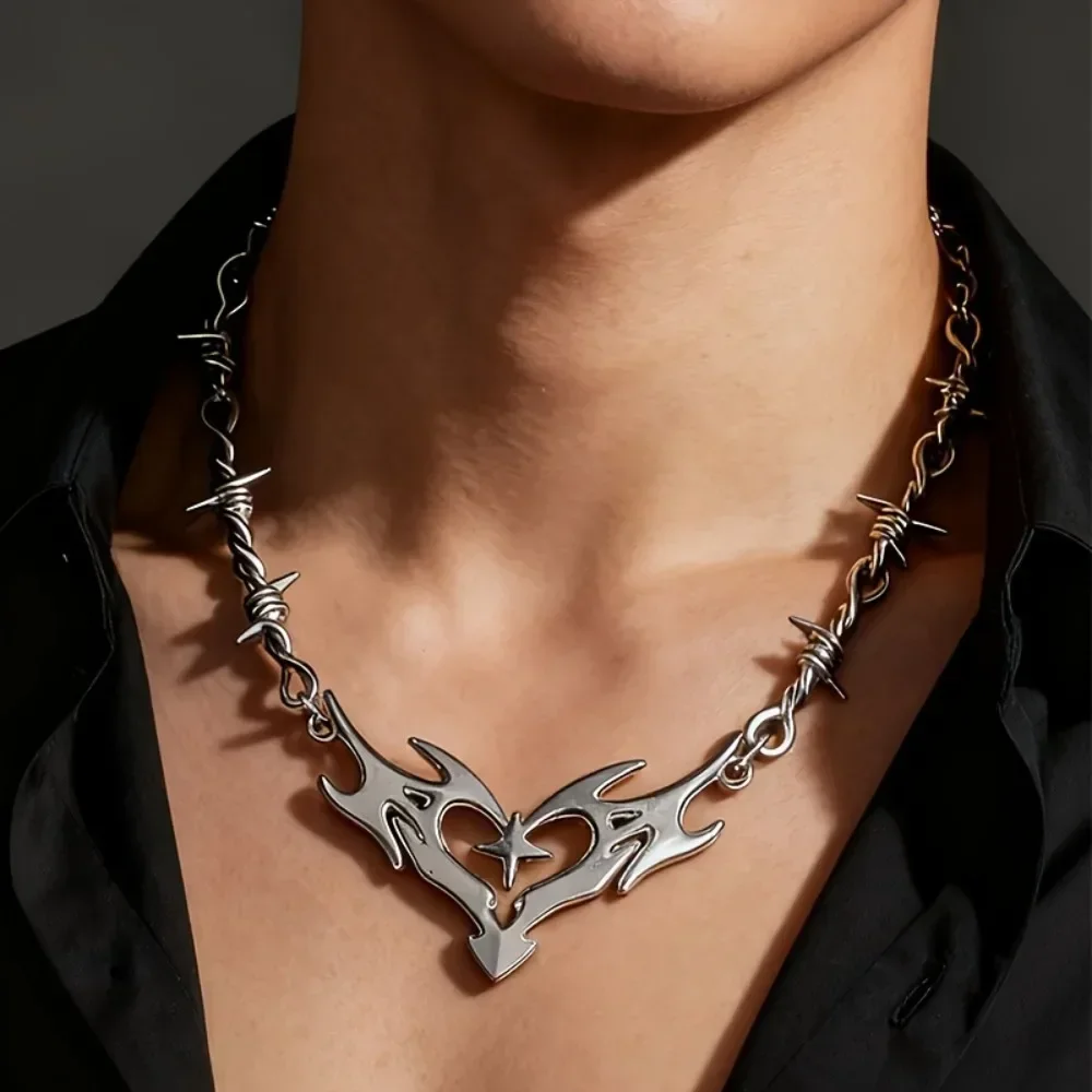 1 piece of silver gothic punk cross thorny barbed wire flame heart-shaped necklace | Drop necklace, suitable for men. Ideal choice for Halloween, parties and holiday gifts. Zinc alloy material