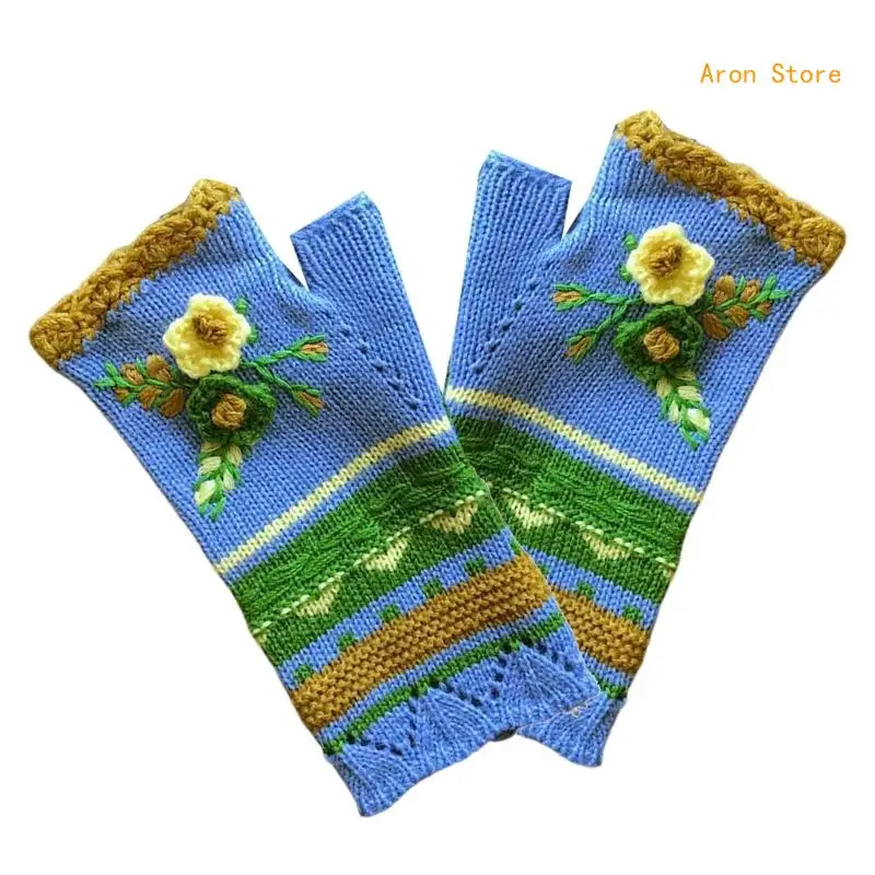 Women's Knitted Fingerless Gloves with Embroidery, Soft Winter Wrist Warmer H3CF