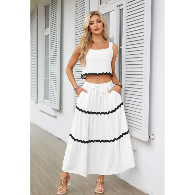

Wave Stripe Holiday Strap Dress Set Spring Summer Crop Top Elegant Sleeveless 2 Pcs Matching Sets Long Skirt A-line Beach Suit