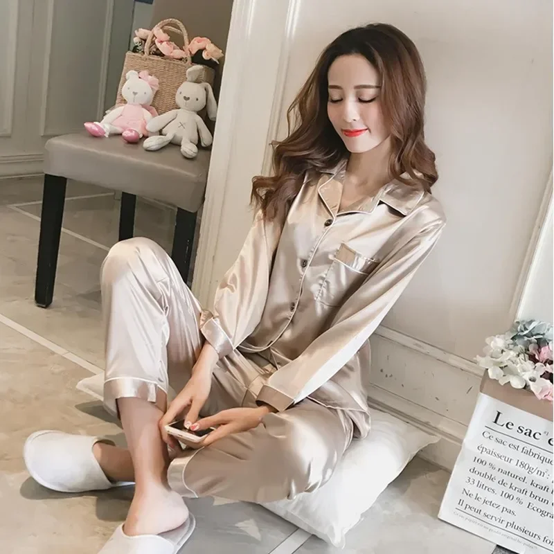 Silk Pajamas for Women 2023 Sexy Silk Women Pijama Sets Sleepwear Long-sleeve Cardigan Female Ice Silk Home Pijama Mujer Verano