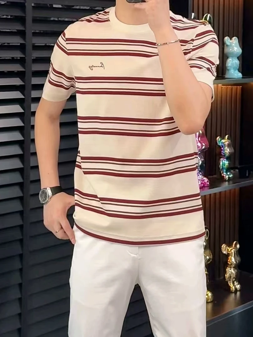 

High Quality Men's round Neck Striped T-Shirt Short Sleeve Casual Summer Fashion Cool Personality Standard Fit Antibacterial