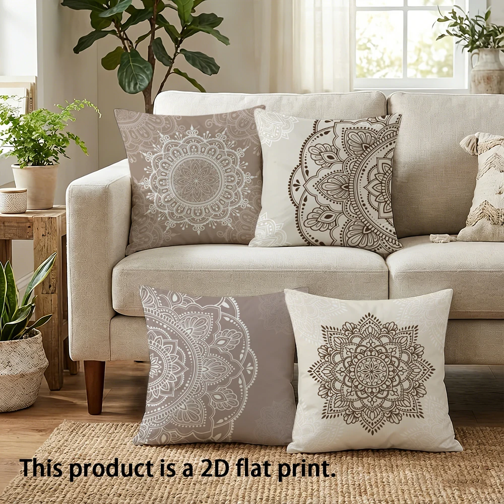 1pc  Boho Mandala Throw Pillow Covers Neutral Tone Floral Medallion Cushion Cases for Home Sofa Bedroom Decor