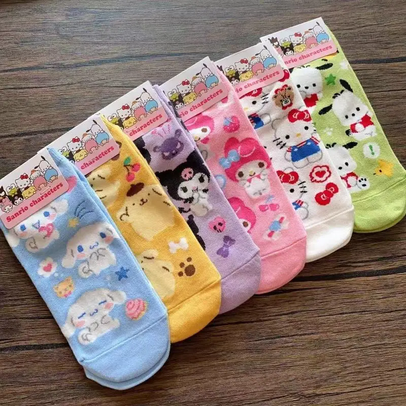 جوارب سانريو هالو كيتي ماي ميلودي كورومي سينامورول أنيمي ثنائية الأبعاد، جوارب قصيرة مريحة على شكل قلب فتاة حلوة قابلة للتنفس