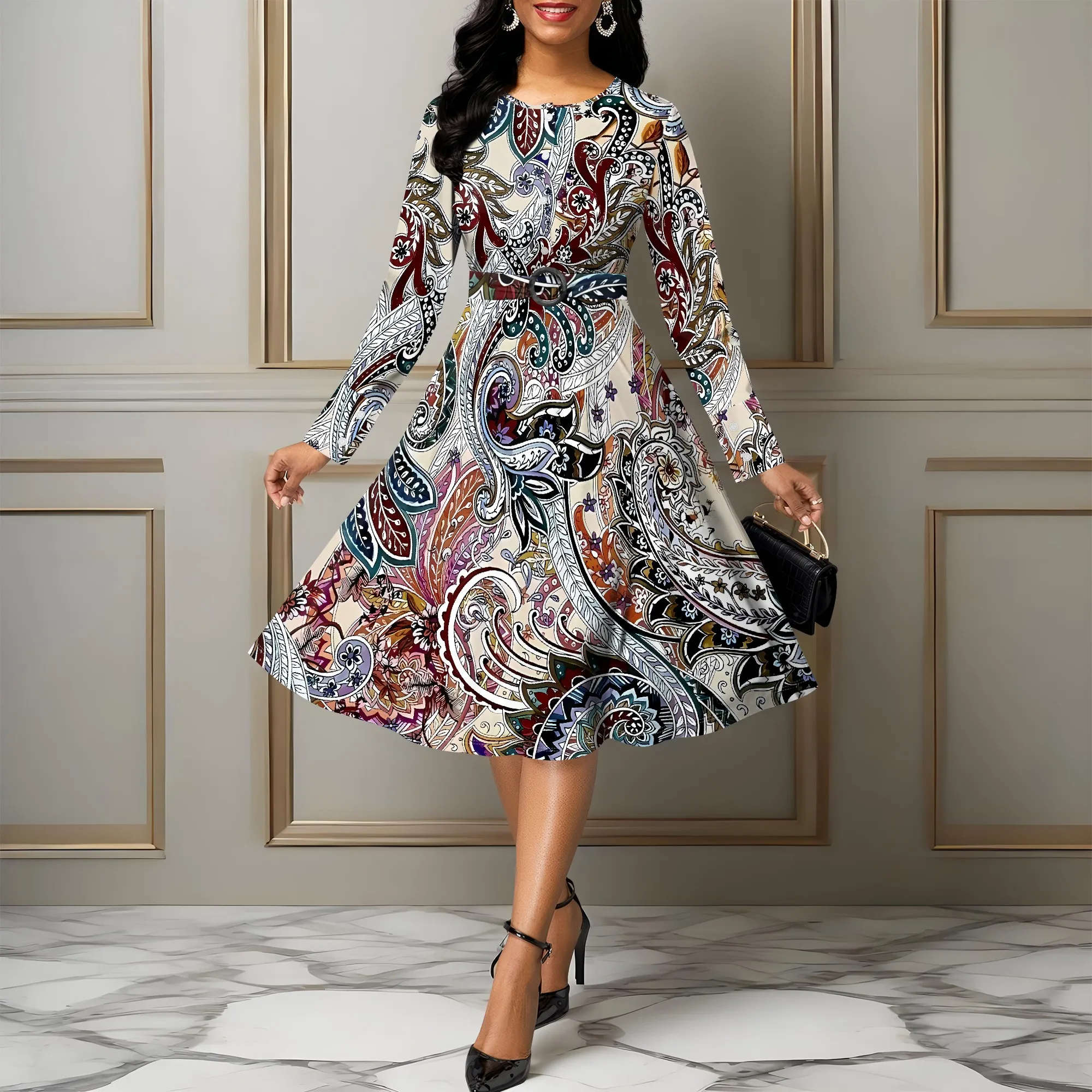 

Women's Summerl Flower Print Fall Fashion Printed Long-sleeved Crew Round Neck Causl Dress Midi dresse With Belt