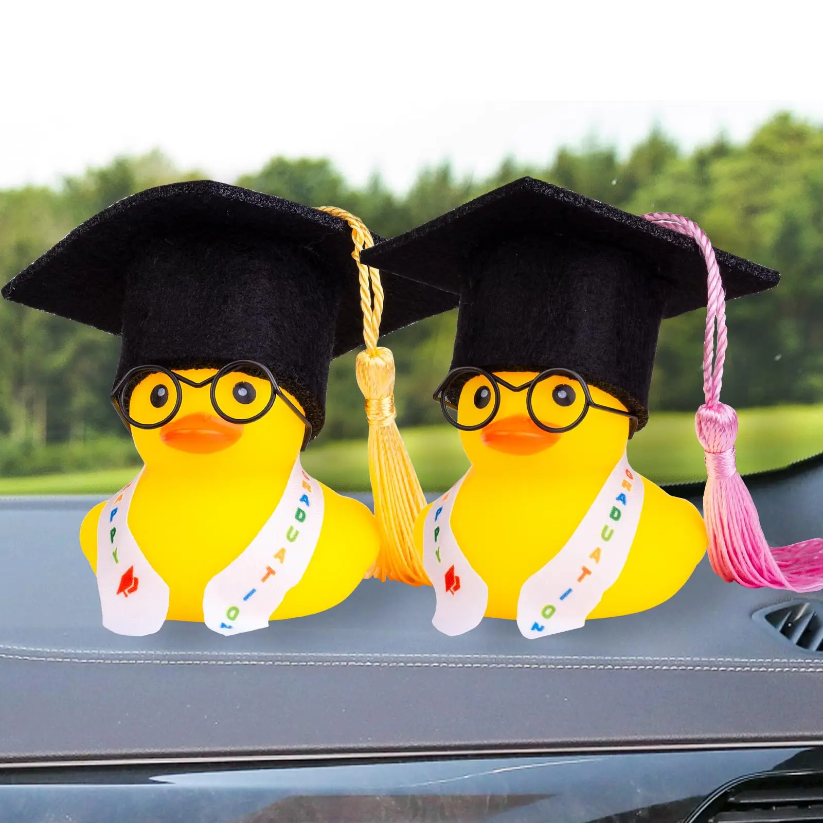 Graduação Ducks Car Dashboard Decorações, Pato De Borracha, Enfeites De Carro, Acessórios com Mini Graduação Chapéus, Faixas, Óculos