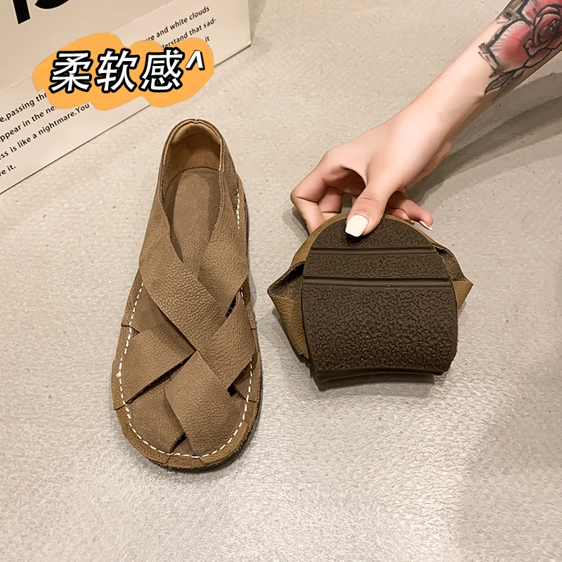 2024 leather Women\'s Sandals Top Layer Cowhide Handmade Woven  Women casual Flats the retro art mori girl shoes