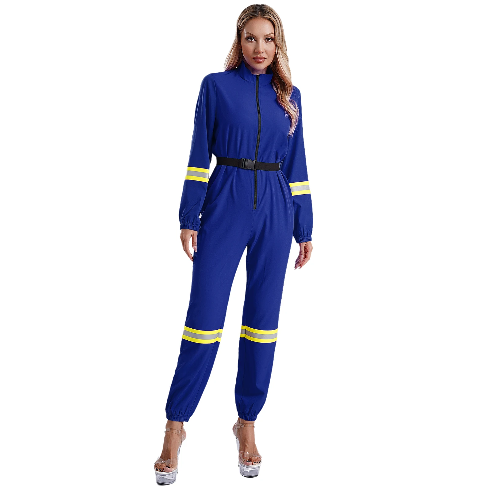 Womens Firefighter Coveralls Jumpsuit Firefighter Heroes Front Zipper Halloween Christmas Long Sleeve Cosplay Romper with Belt