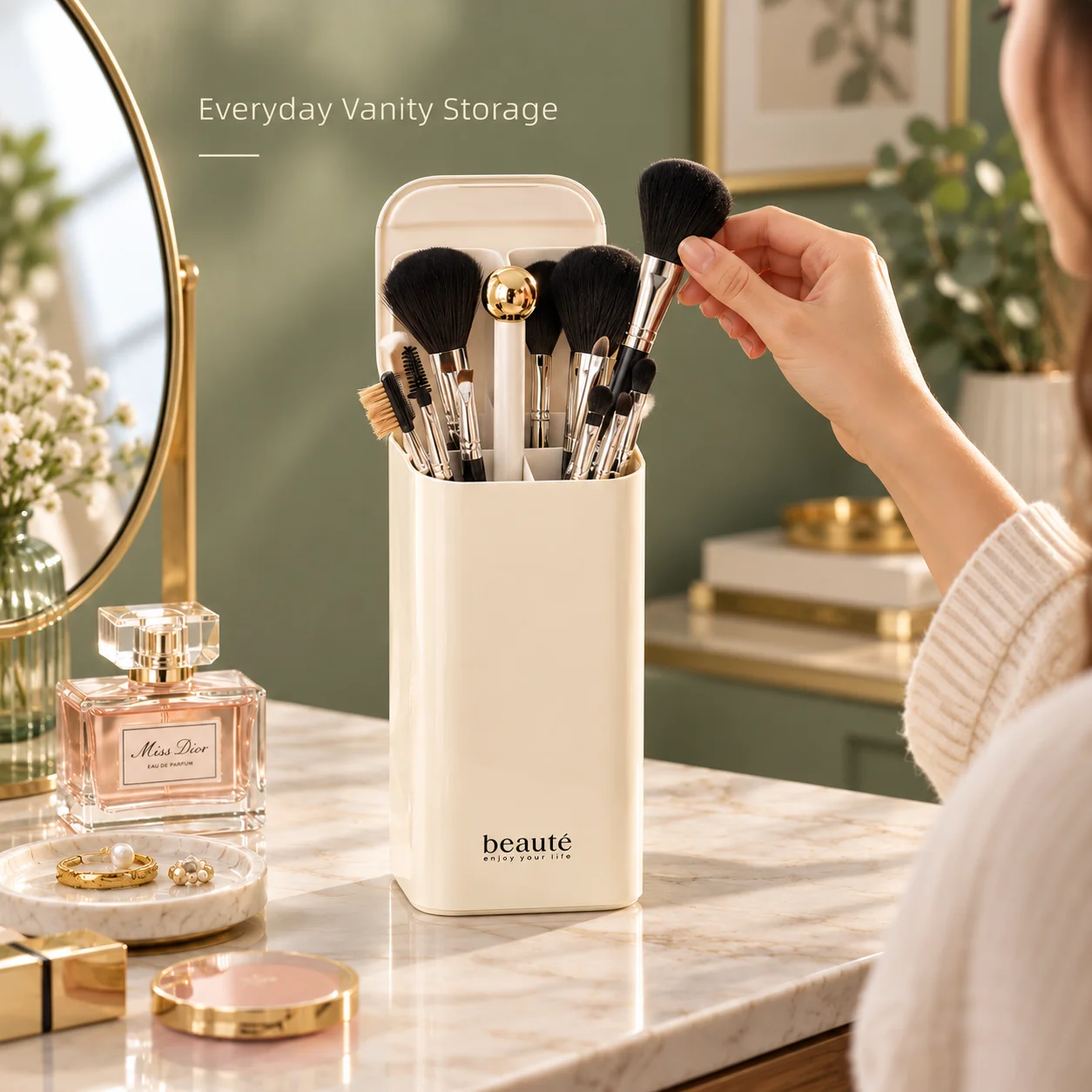Makeup Brush Organizer Automatic Lifting Four Compartment Cosmetic Brush Holder with Lid Vanity Desktop Storage Case for Brushes
