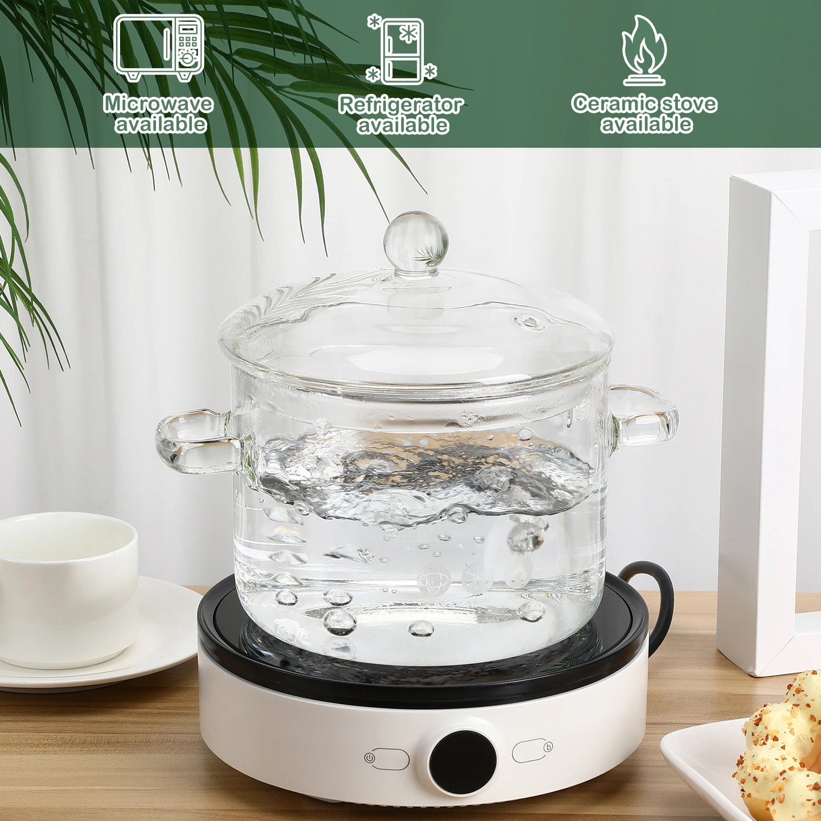 High Borosilicate Glass Soup Pot Heat Resistant Stovetop Cooking Clear Handles Cover Home Kitchen Multipurpose