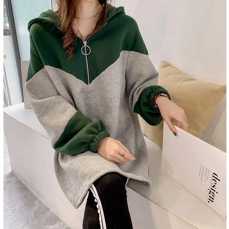 Fashion Patchwork Hoodies Sweatshirts Spring Autumn Long Sleeve Thin Contrast Mid-length Pullovers Casual Trend Women Clothing