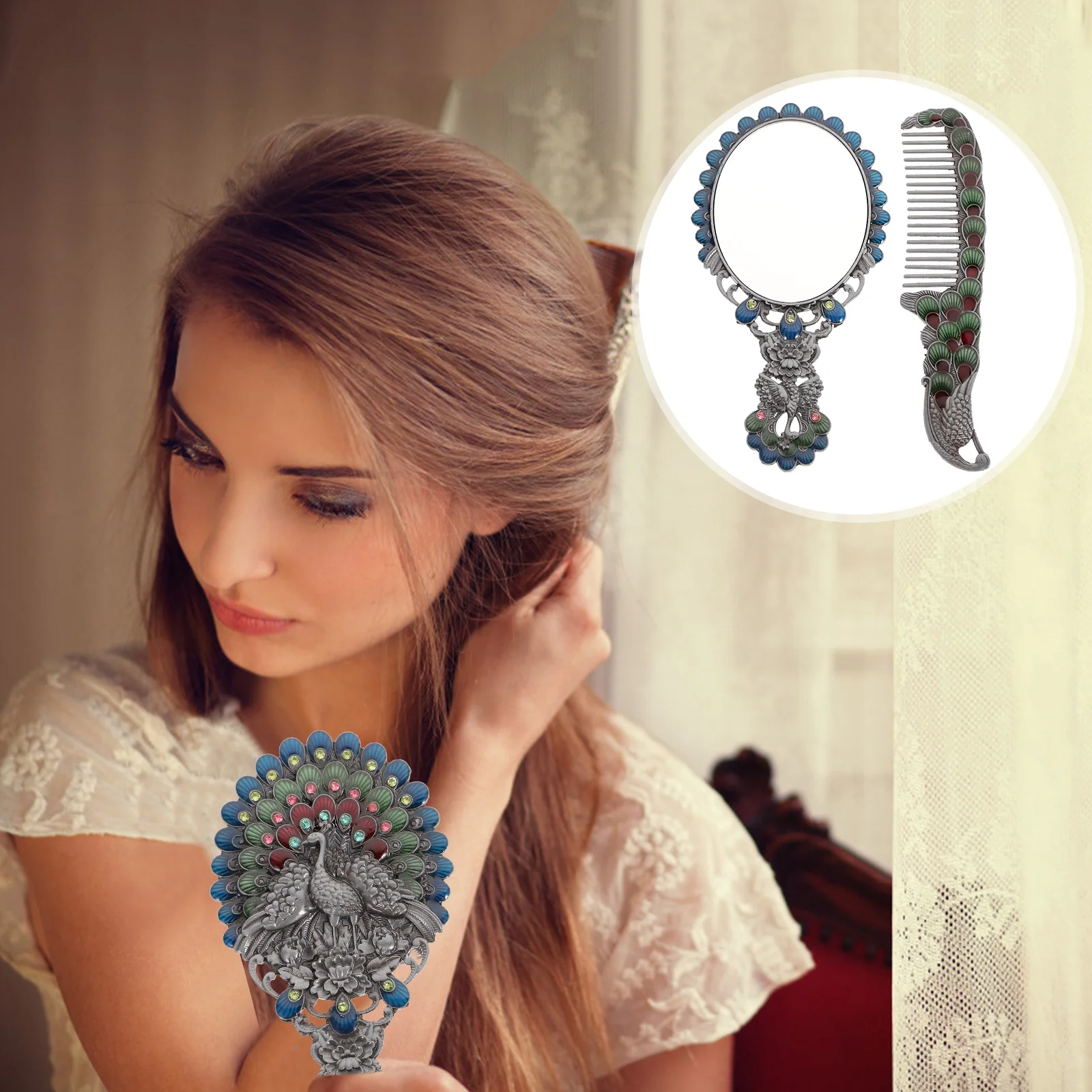 Set da 2 specchi e pettini vintage eleganti, specchio per trucco portatile, superficie riflettente ad alta definizione, ideale per l'uso quotidiano in viaggio