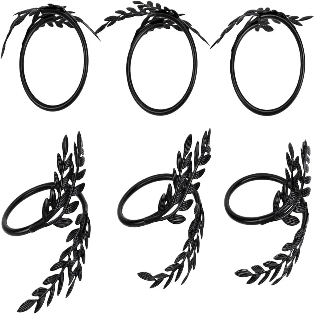 6 pcs Black Leaf Napkin Rings Black Wheat Ear Design Metal Construction Napkin Ring Holders Decorative Twist Curtain Tiebacks