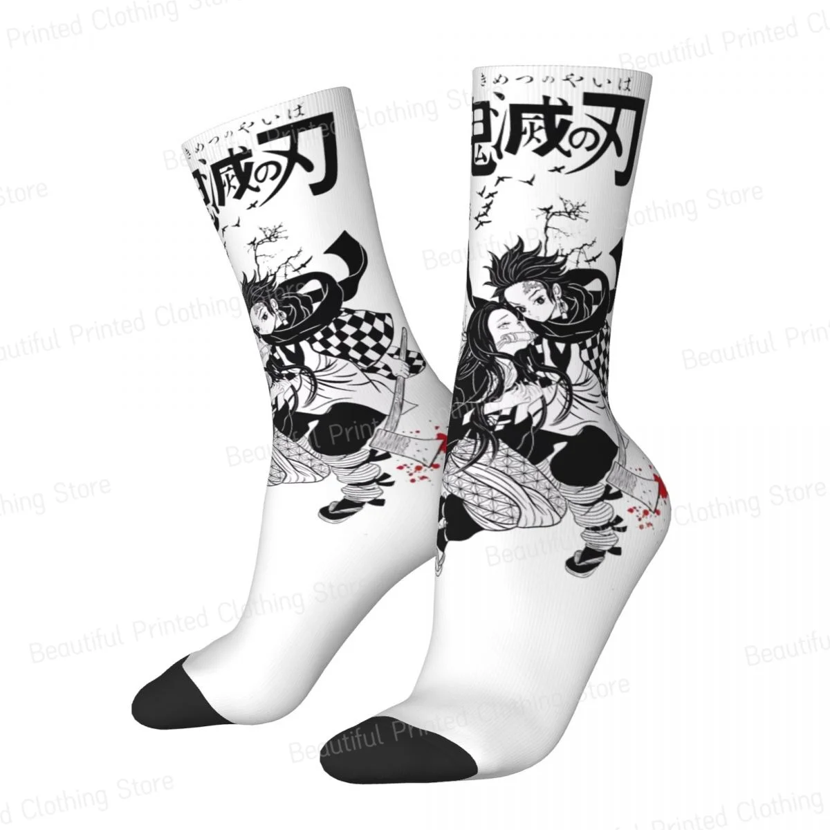 Harajuku Demon Slayer Graphic Tanjiro And Nezuko Men Women Happy Socks Outdoor Novelty Four Seasons Stockings Gift