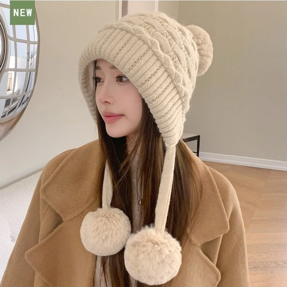 

New Warm Knitted Hat Fur Balls Windproof Ear Protection Hat Coldproof Pompom Pullover Cap Autumn and Winter