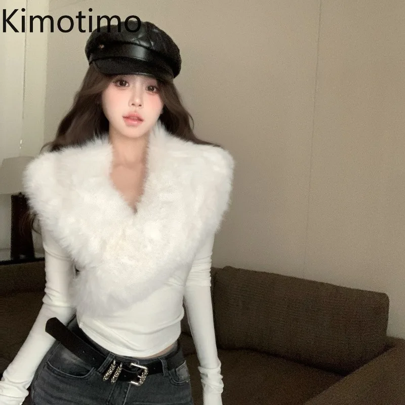 

Женская футболка Kimotimo с длинным рукавом и меховым воротником, корейский стиль, облегающая, укороченная, весенняя, простая, в стиле Y2K