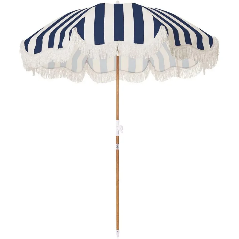 Guarda-chuva de férias Boho Beach Guarda-chuva com borlas brancas 1 "pólo de madeira inclinado 5' x 6,5' listras azul marinho com gola redonda (guarda-chuvas de pátio