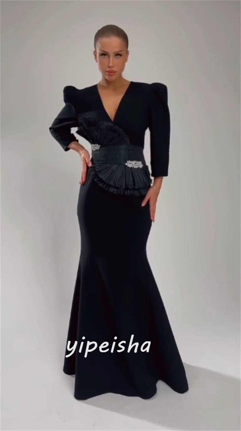 Customized  Sexy Casual   Jersey Sequined Ruched Clubbing Mermaid V-neck Bespoke Occasion Gown Long Dresses