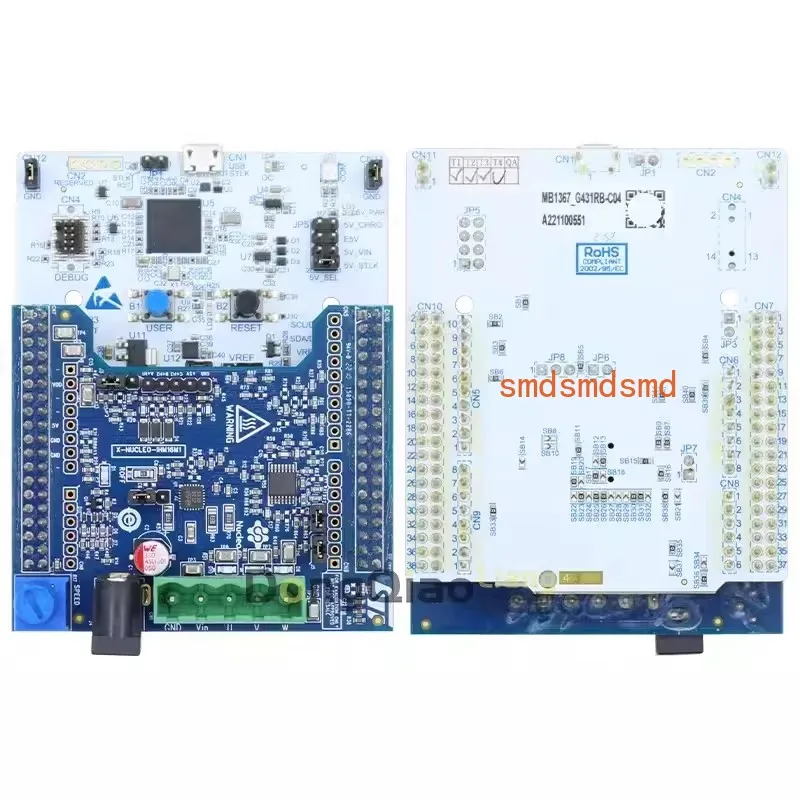The P-NUCLEO-IHM03 001/2 Motor control development kit contains the NUCLEO-G431RB development board