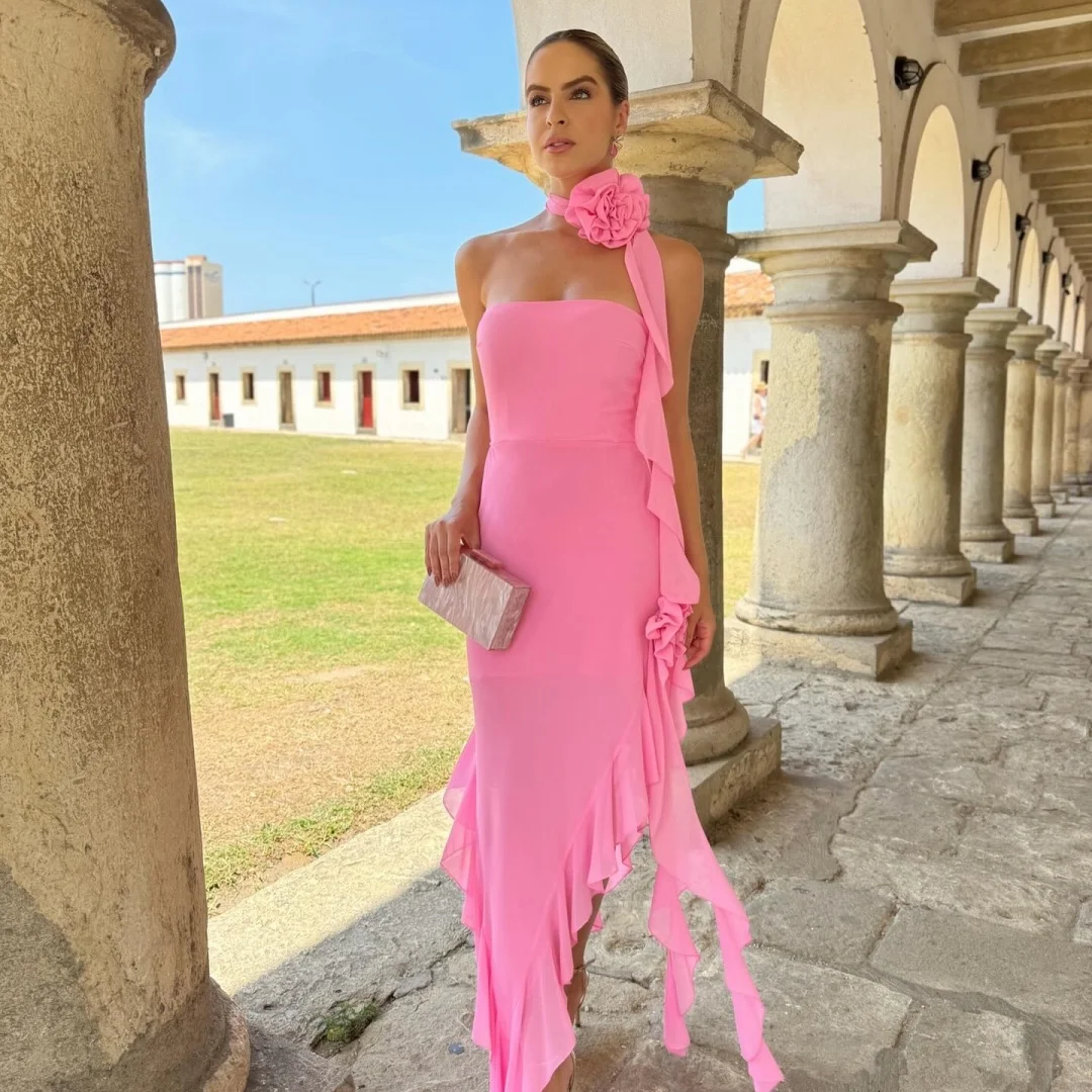 Bella Customized Hot Pink Strapless Prom Dress with Floral Neck Detail, Asymmetrical Ruffle Trim and High Low Hem Party Dresses