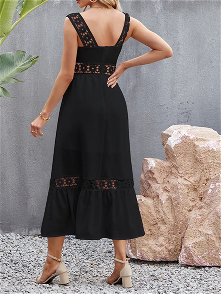 Summer Dress for Women Boho White Dress Female Sexy Hollow Out Sleeveless Midi Dress Lady Off Shoulder Elegant Beach Long Dress