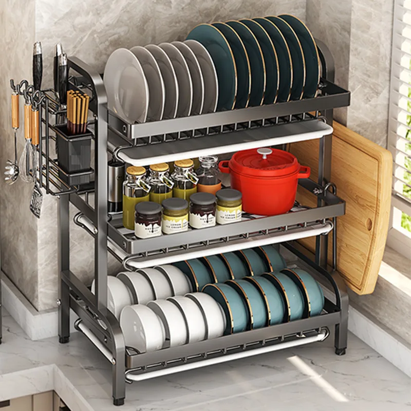 Dish Drying Rack Bowl Racks Large Rust-proof Dish Drainer with Utensil Holder 3 Layer Secure Kitchen Utensil Storage Drainboard