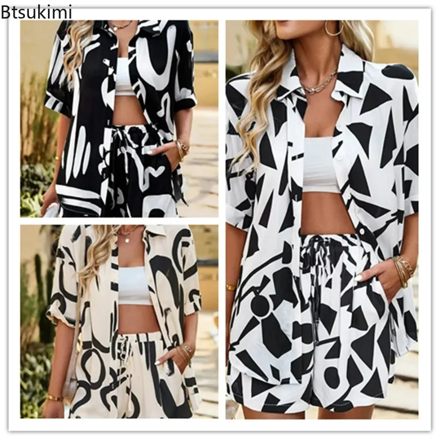2026 Women's Summer Casual Print Two Piece Sets Loose Turn Down Collar Shirt Top + Shorts Suit Office Lady 2PCS Tracksuits Set