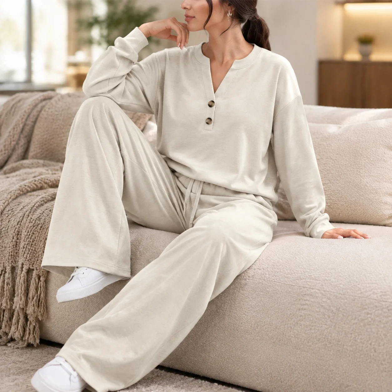 Casual Loose Fit Set with Long Sleeve Top Sweatshirt V Neck Full Length Pants Button Japanese Korean Casual Women Winter Set