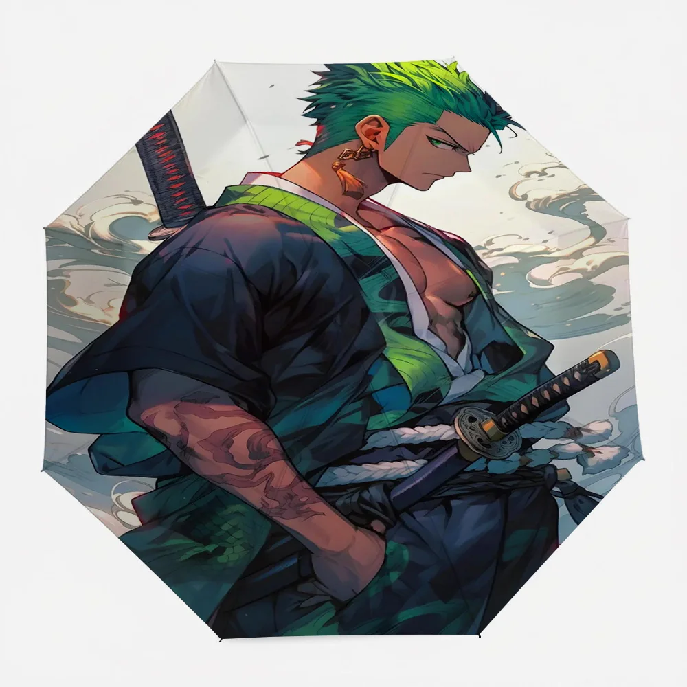 Paraguas Plegable Automático con Diseño de Anime: Roronoa Zoro de One Piece, Traje de Samurái del País de Wano, Cabello Verde, Katana, Tatuaje y Fondo de Olas
