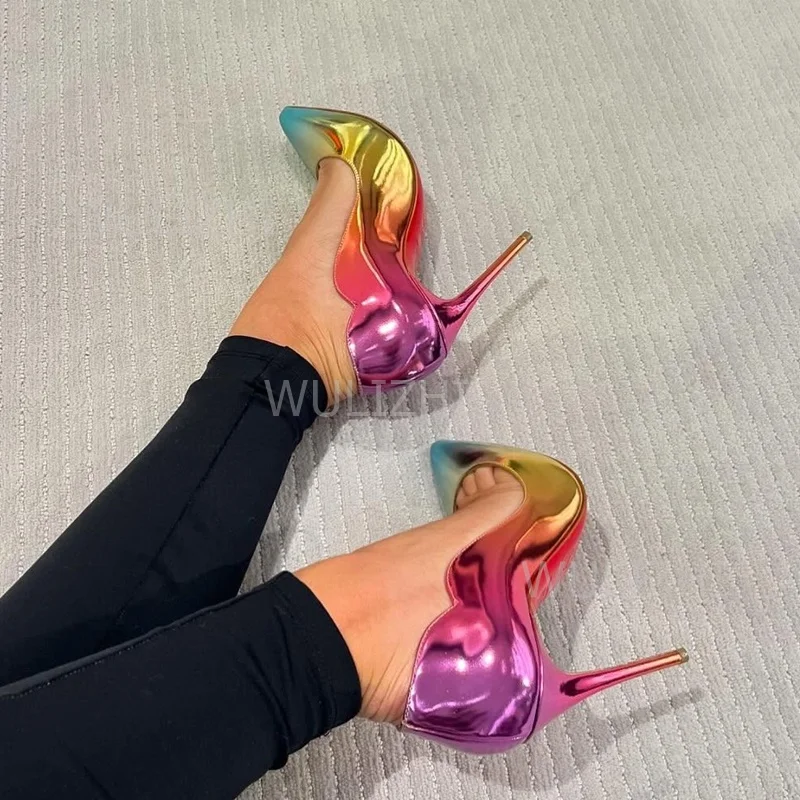 Rainbow Rose Red Blue Gradient Wave Pump Girl Luxury Stiletto Sandal Pointed Sweet Open Slipper Women Heel Party Club Dress Shoe