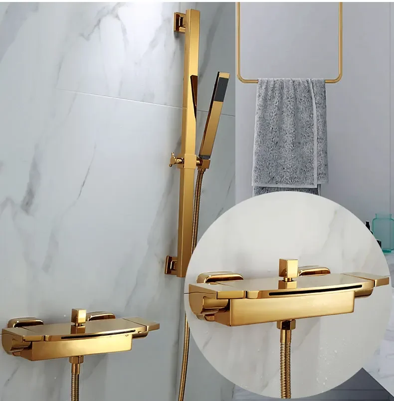 

Bathtub Shower Set Wall Mounted Gold Bath and Faucet, Bathroom Cold and Hot Bath and Mixer Taps Brass