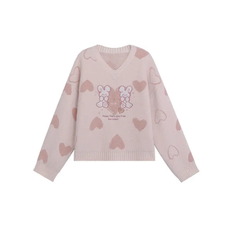 Harajuku Y2k Women Sweater Preppy Style Cute Rabbit Embroidery V-neck Knitted Jumper Top Sweet Pullover Sueter Mujer 2023