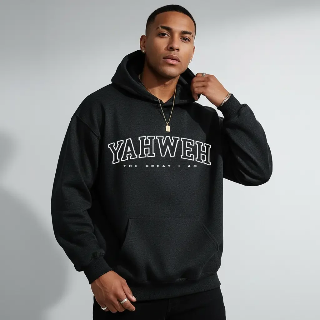 Men's Yahweh Bible Verse Graphic Hoodie - Cotton Blend Apricot Long Sleeve Pullover Regular Fit | Soft & Breathable Fabric, Durable Print, Everyday Comfort, Machine Washable, Casual Urban Indoor Studio