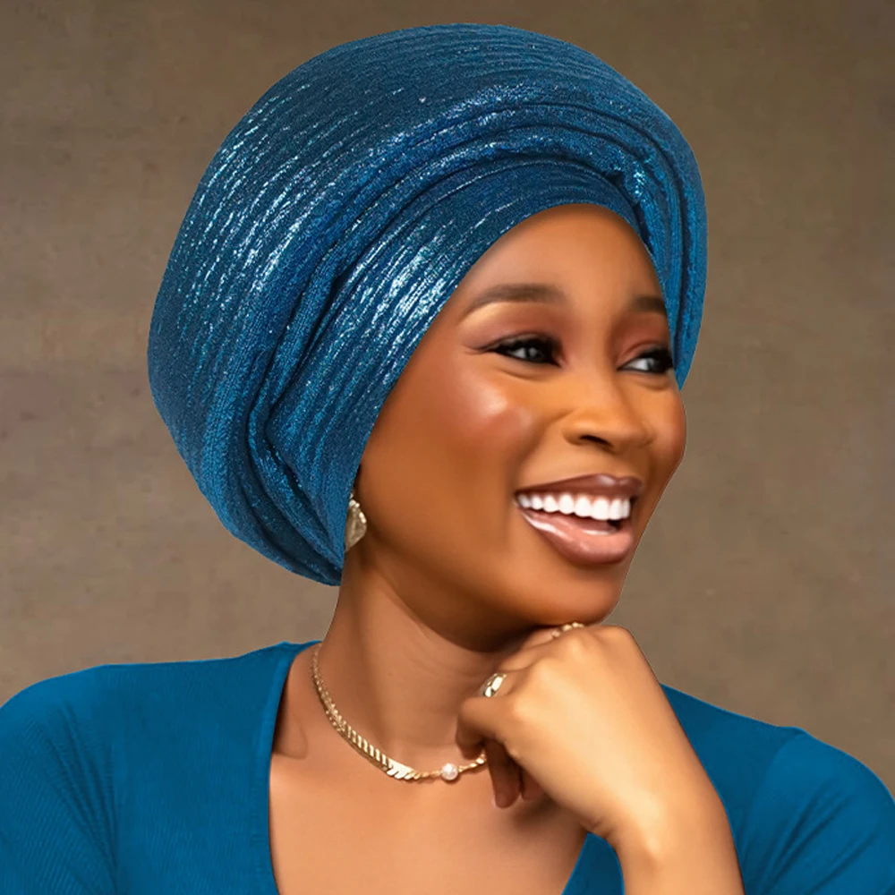 Glitter Donna Africana Auto Gele Copricapo Turbante Cap Nigeria Festa di Nozze Copricapo Musulmano Hijab Avvolgere la Testa Cappello A Pieghe Copricapo