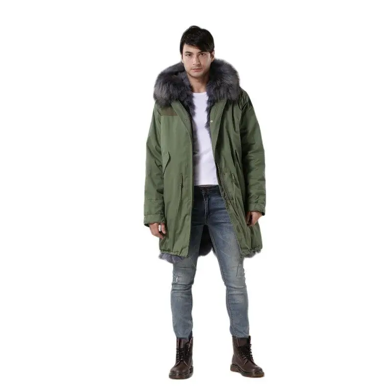 Nice Fur Men Style Parka Gray Rabbit Fur Lined With Raccoon Fur Collar Long Coat For Male