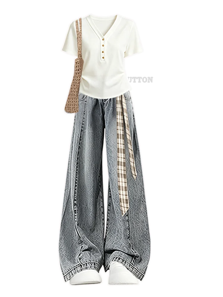 Casual Vintage Style Women's Two-Piece Set Short Sleeve V-Neck T-Shirt And Slimming Distressed Denim Jeans Summer Collection view 2