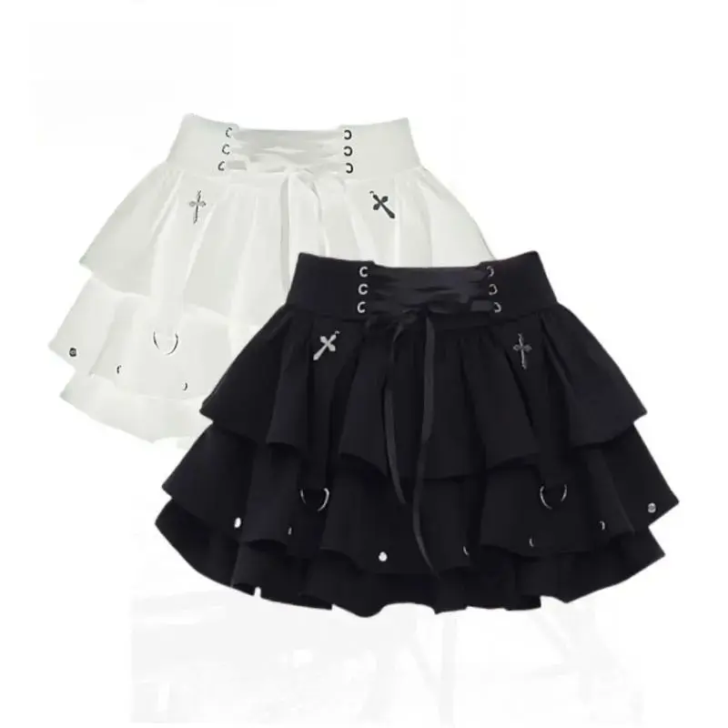 Y2K Gothic Punk Tiered Mini Skirt Lace-Up Detail Cross Charm Black Japanese Sweet Style  Harajuku Subculture Outfit 2026 Spring